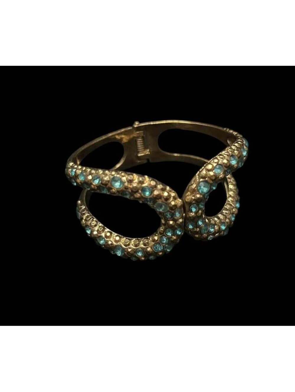 Gold-Tone Blue Rhinestone Hinged Bangle Bracelet